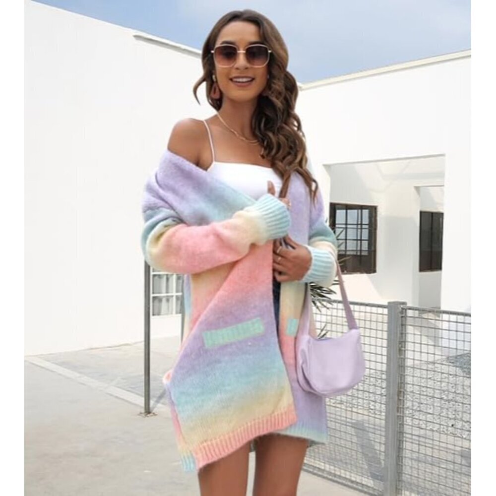 Women’s Color Block Cardigan Sweater Knit Long Sleeve Open Front Casual - Picture 8 of 8